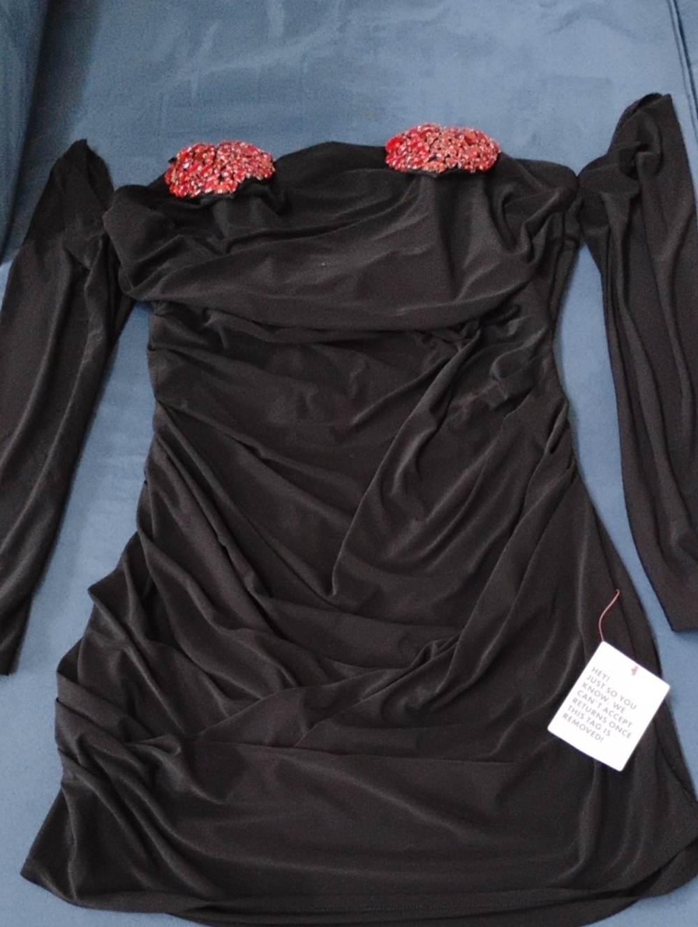 Black Long-Sleeve Ruched Mini Dress with Red Beaded Heart Removable Accents